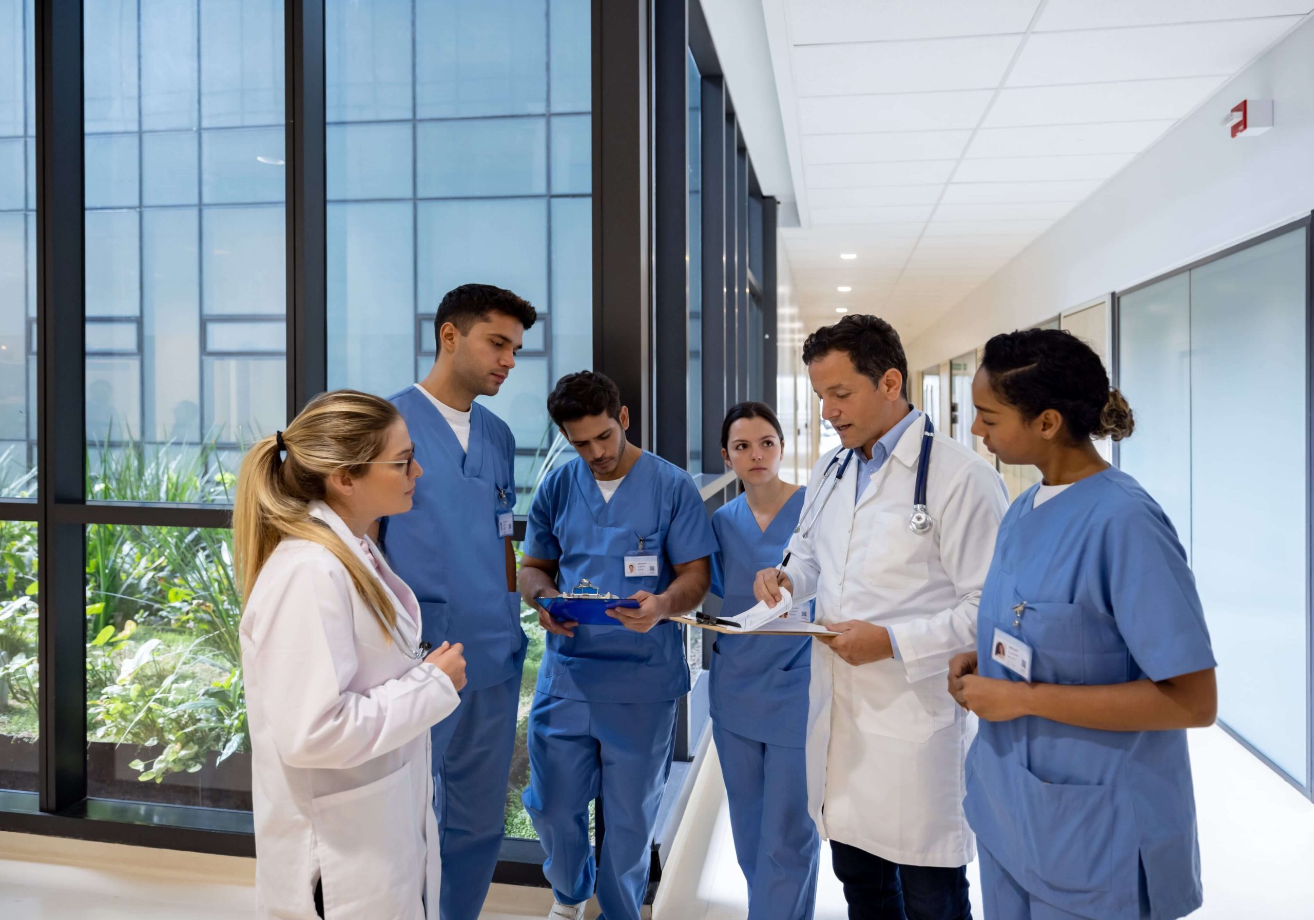 Lead clinician briefing a multidisciplinary hospital team in a sunlit corridor—modeling proactive communication and real-time coordination.